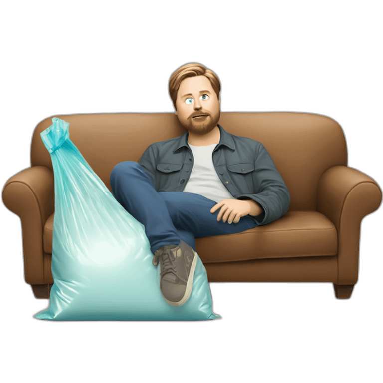 tim heidecker with a beard lazy lounging on couch holding a plastic ziploc bag of walnuts emoji