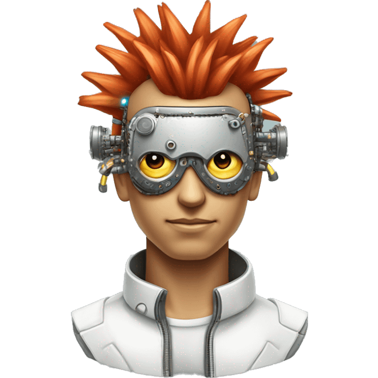 Light red Mohawk hair male cyborg head with white steampunk goggles and circuits emoji