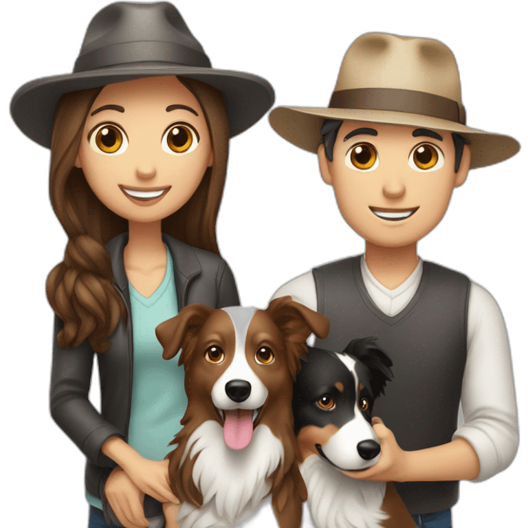 family group of two consisting of man in hat and woman with long hair in ponytail and small border collie dog emoji