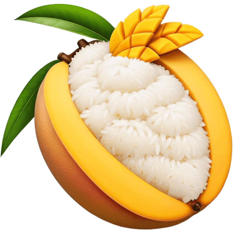 Cinematic Realistic Mango Sticky Rice Dessert Emoji, showcasing sweet sticky rice paired with ripe mango slices and coconut milk rendered with lifelike detail and warm, inviting lighting. emoji