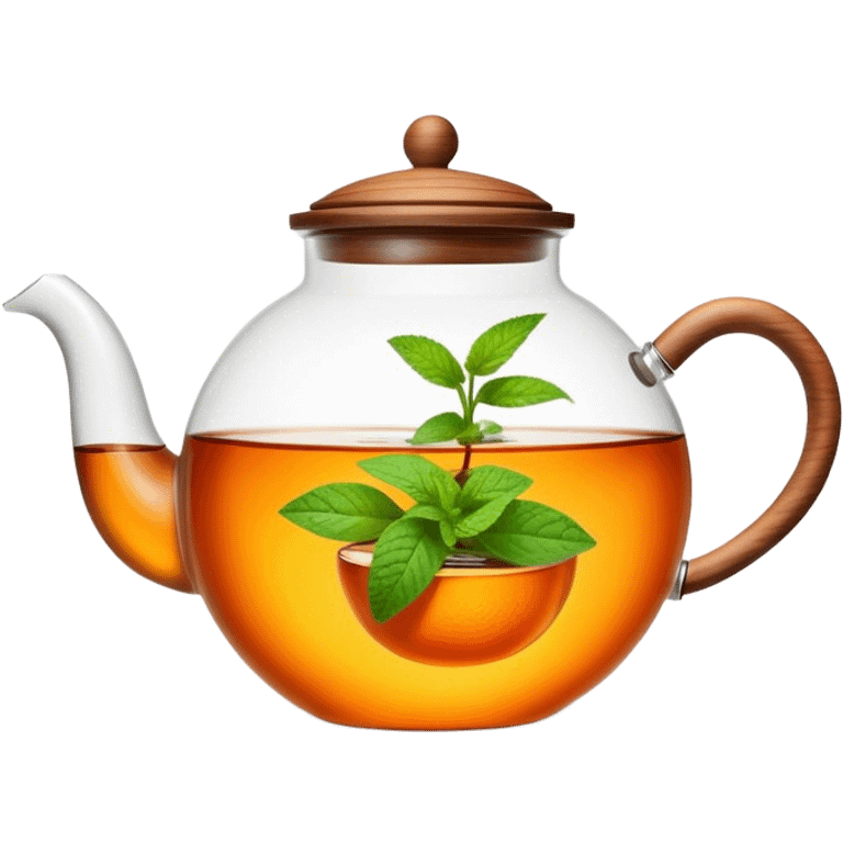 Cinematic realistic emoji depicting a transparent teapot with a realistic wooden lid filled with tea and orange and mint leaves floating in it, rich texture, without unnecessary decoration emoji