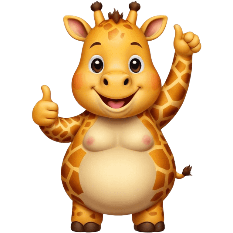 Cartoon short, fat dwarf cute giraffe with a big smile, giving a big thumbs-up emoji