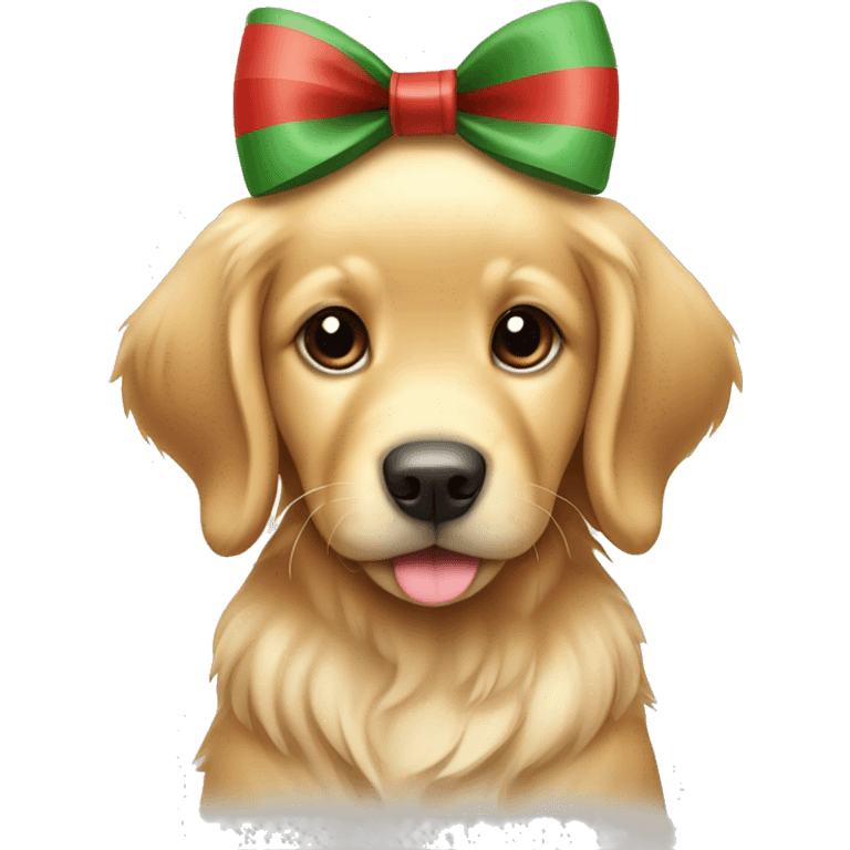 cute golden retriever puppy with two red and green striped bows on its ears emoji