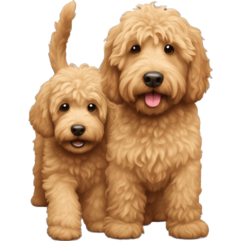 skiny golden labradoodle and big labradoodle playing emoji