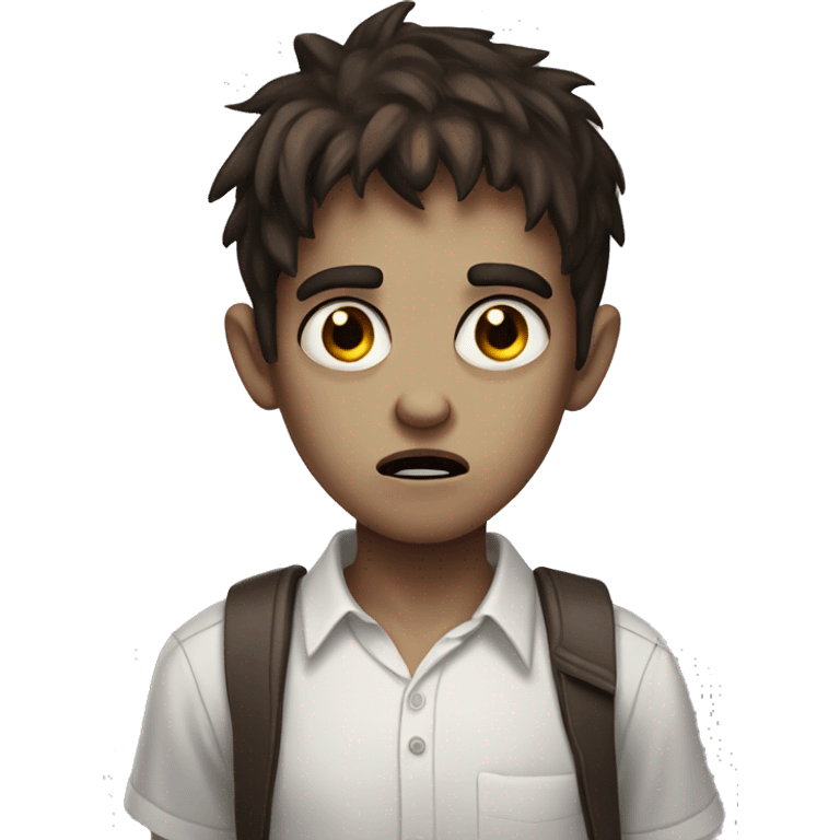 boy zombie teen with scared expression and dark brown hair and white slim shirt; brown eyes emoji