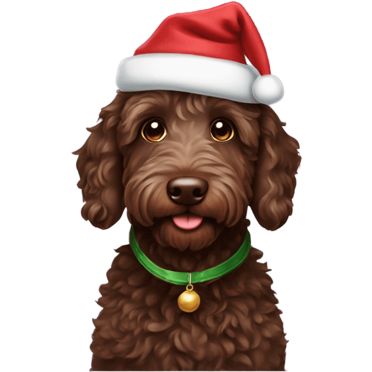 Chocolate Labradoodle wearing a Christmas hat emoji