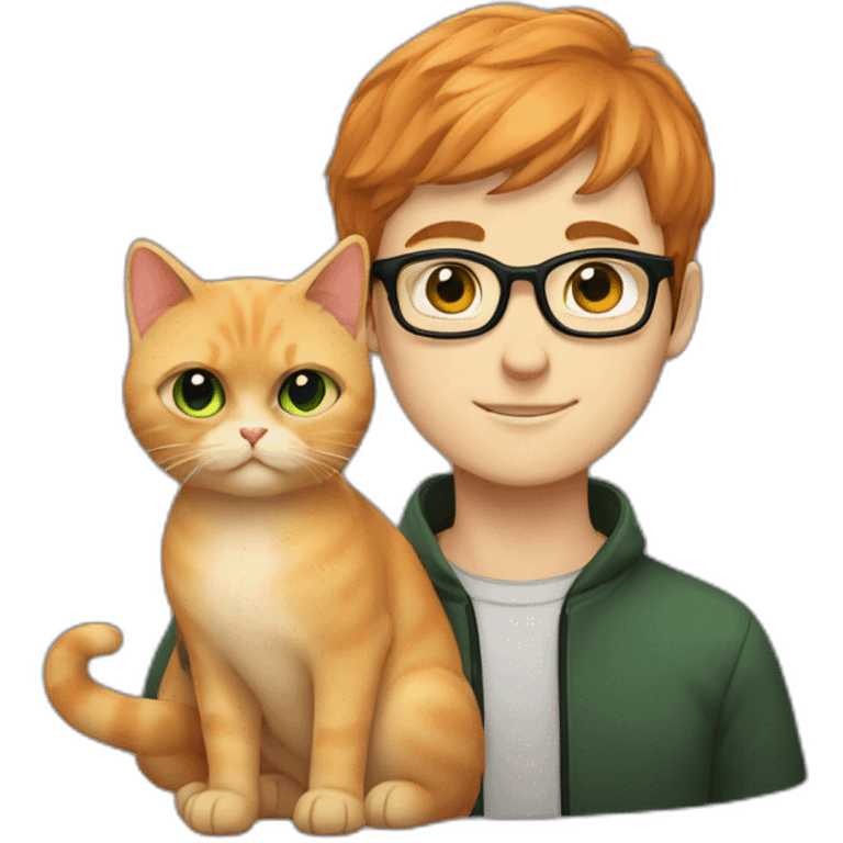 Boy with green eyes, glasses, with black short hair, with orange Persian cat emoji