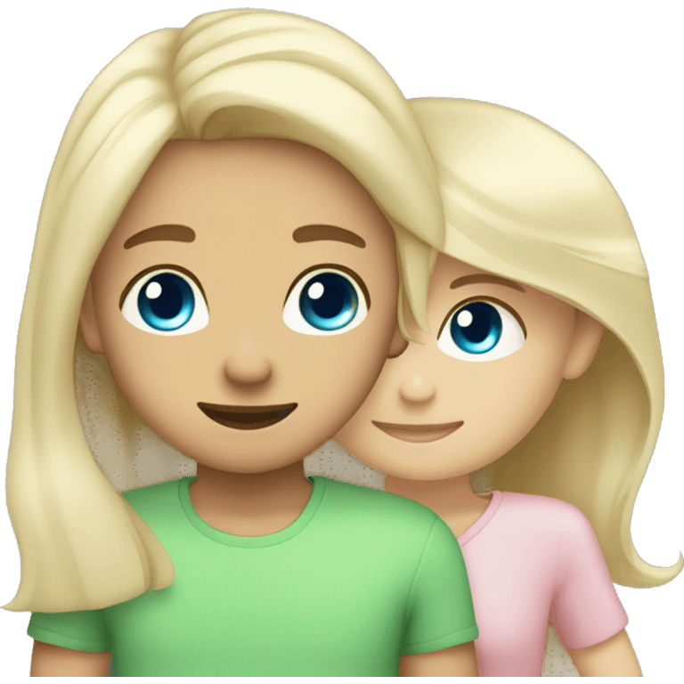 blonde girl tan with green eyes with brunette boy with blue eyes they in love the girl is wearing light pink shirt and the boy black one  emoji