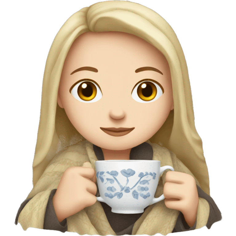 White Girl drinking tea with blanket on emoji