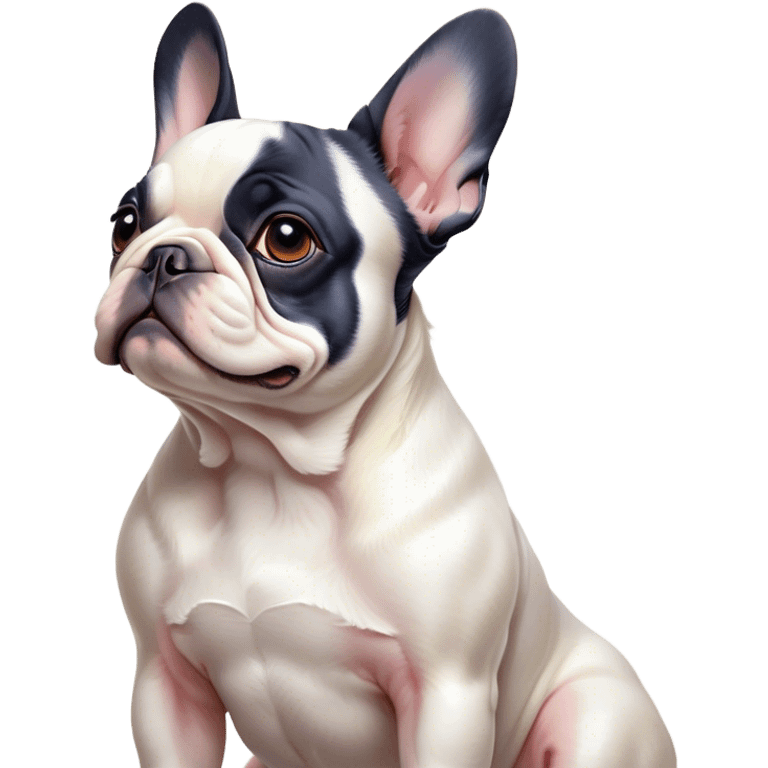 Cinematic Noble Pied French Bulldog Portrait Emoji, Radiating regal yet playful charm, with a distinctive pied fur of contrasting hues and a sculpted, expressive face featuring gentle, wise eyes and a confident stance, simplified yet artistically detailed, glowing with a soft, sophisticated radiance, high shine, exuding intelligent nobility and refined flair, soft glowing outline, capturing the essence of a noble Pied French Bulldog that embodies both strength and grace! emoji