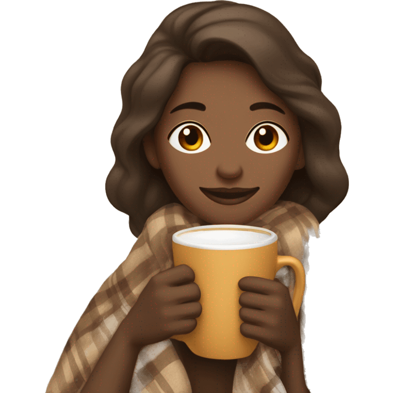 a woman covered with a cozy beige/brown plaid blanket drinking a cup of a warm drink/coffee/hot chocolate  emoji