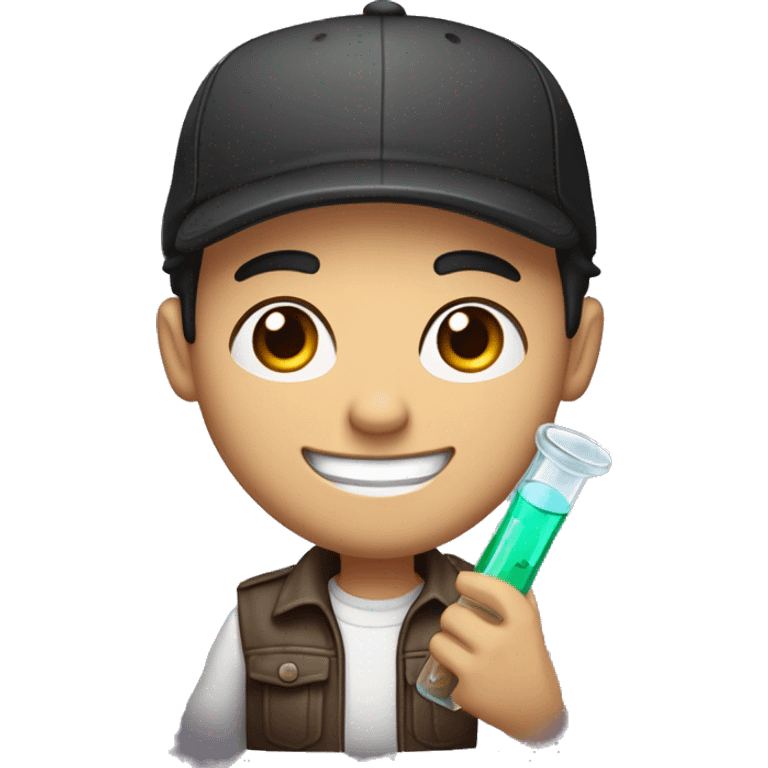 "Light-skinned Latino male with short black hair, wearing a backward cap. Brown eyes, slightly thick lower lip, smiling. Holding a test tube in one hand and a video game controller in the other. Cartoon style emoji