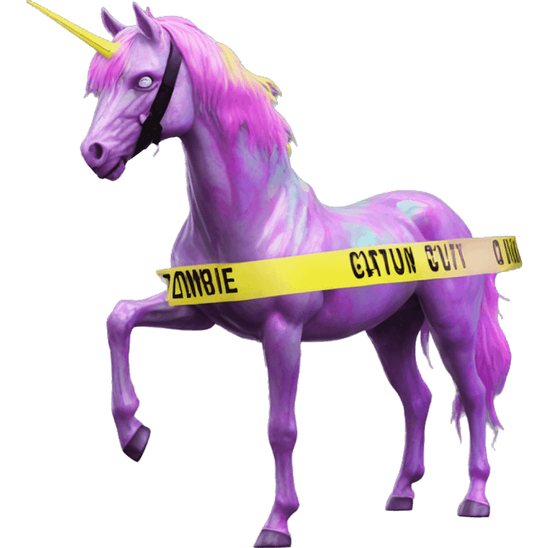 .Zombie_ Vaporwave black holographic oilslick zombie unicorn yellow caution tape and a vinyl emoji