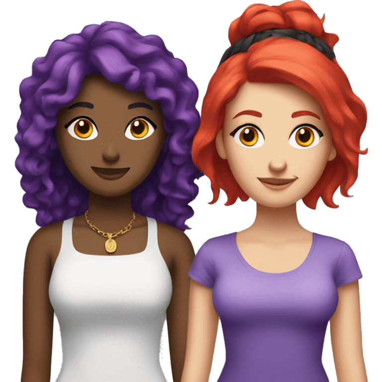 Two girlfriends one with red hair and the other with black hair with purple moneypieces  emoji