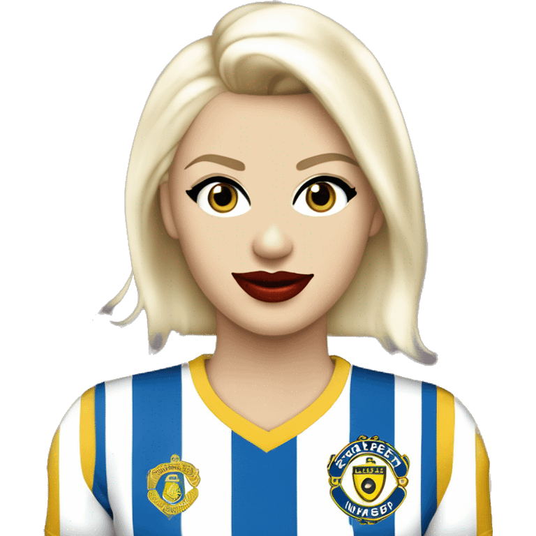 Jesse Maley pretty older white Swedish looking Playboy model looking with Blue eyes, a sexy smile, with big Red lips and almond shaped eyes with long eyelashes, platinum blonde blonde, pixie, cut haircut and golden skin and Leeds united shirt and badge emoji