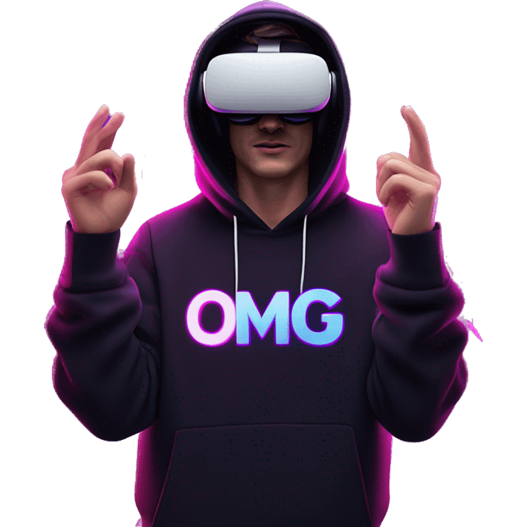 Russian man wearing a black hoodie with "OMG" letters on it and VR headset oculus quest 2 in a cyberpunk VR environment with violet neon lighting. Showing direction with hand emoji