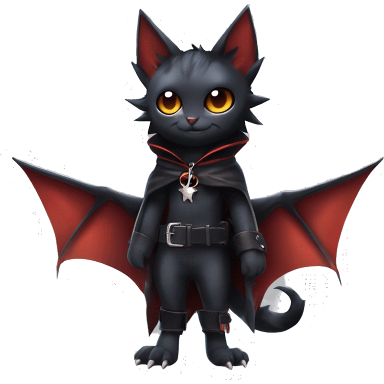 Cute edgy cool beautiful realistic vampiric dark eldritch fantasy Litten-Fakémon-Digimon with bat-wings as ears full body, cloak, choker collar, harness, leg straps emoji