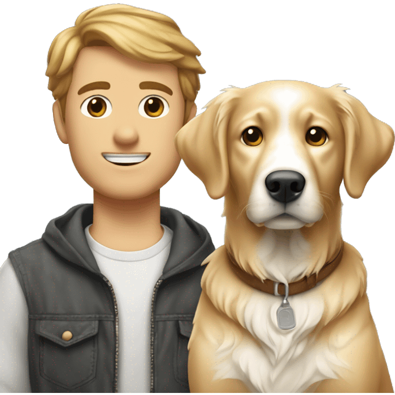 Two white men with brown hair with white golden retriever ￼ emoji