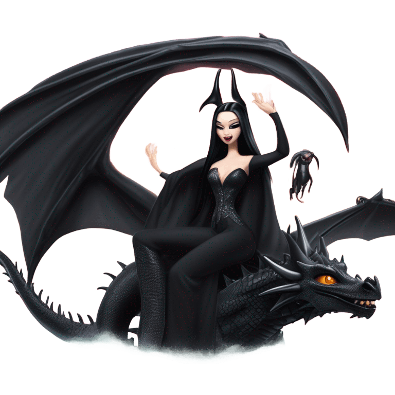 empowered and glamorously  dressed teen Morticia Addams Malibu Beach Barbie Jedi flying/riding on the back of a very large black shiny evil-looking fire-spewing horned dragon. proper scale emoji