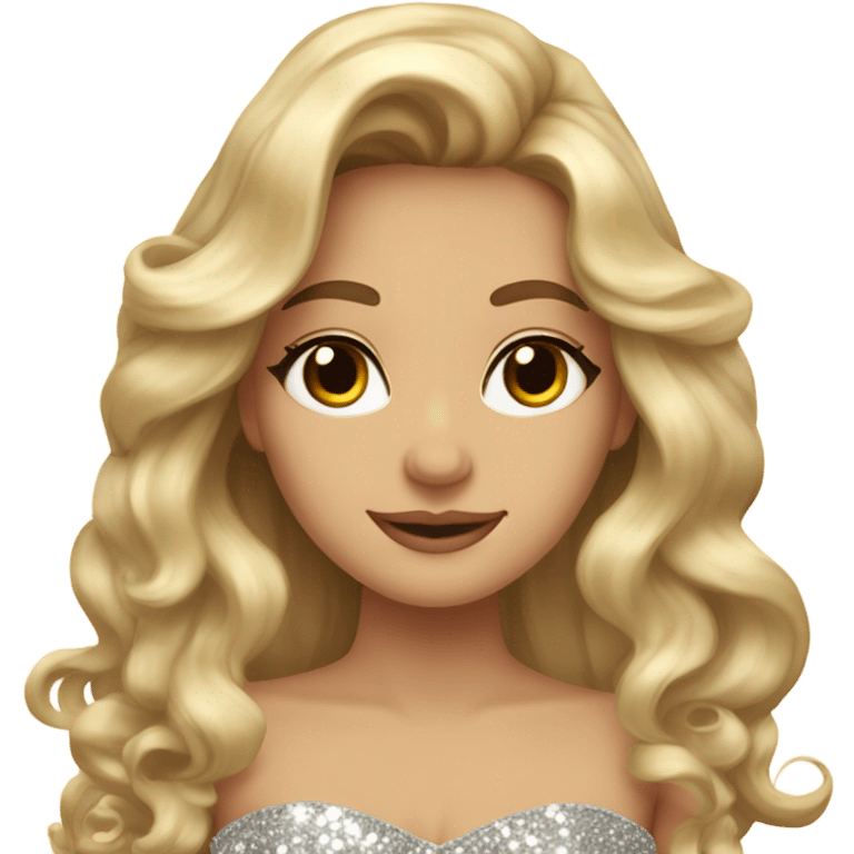 Gorgeous blonde woman, brown eyes, long wavy hair with bows, wearing a sparkly gown emoji