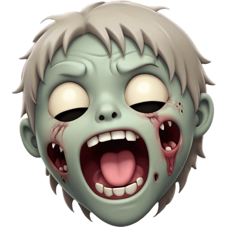 Cinematic Cute Yawning Zombie Portrait Emoji, with a delightfully quirky, slightly disheveled face in muted ashen tones, head tilted back in a big, funny yawn that reveals quirky stitches and playful gaps, simplified yet irresistibly charming, highly detailed with a soft, eerie glowing outline capturing the sleepy, offbeat vibe of a zombie taking a nap! emoji