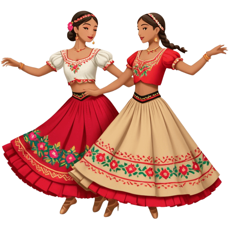 Cinematic Realistic scene of two dancers performing the Tarantella, dressed in vibrant, flowing traditional costumes with detailed embroidery and dynamic skirts, captured in festive motion with warm, lively lighting emoji