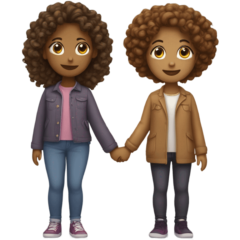 Full body, Two girls holding hands Carmel skin  one  with a curly bun and one  with curly hair emoji