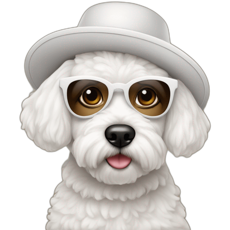 mujer piel blanca con gorro en la cabeza gafas y perro bichon maltés blanco emoji