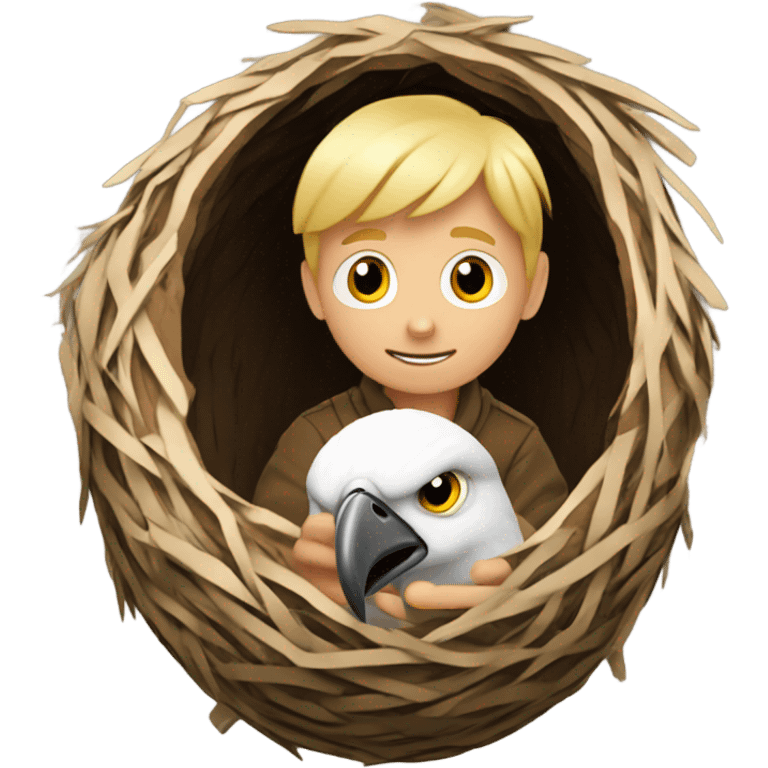 Blonde boy inside a nest eating an eagle egg, becoming an Eagler. emoji