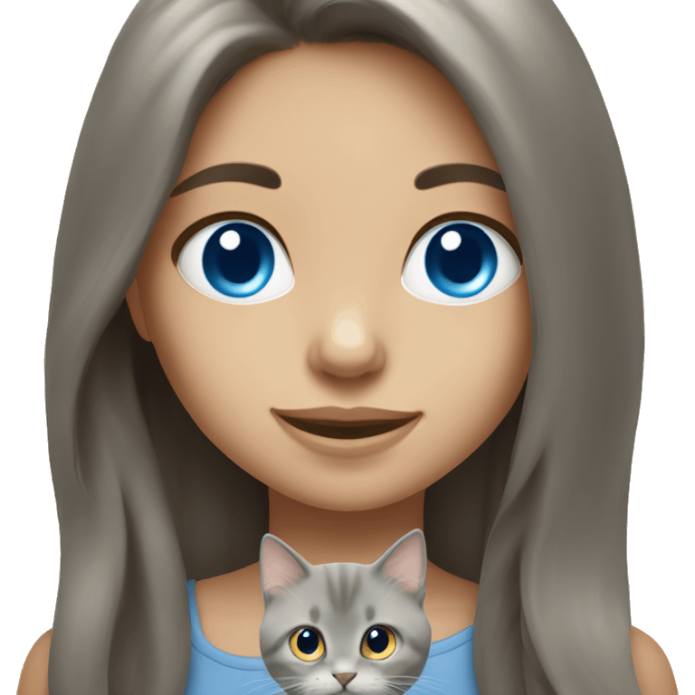 Girl with brown long hair and blue eyes hang gray kitten  emoji