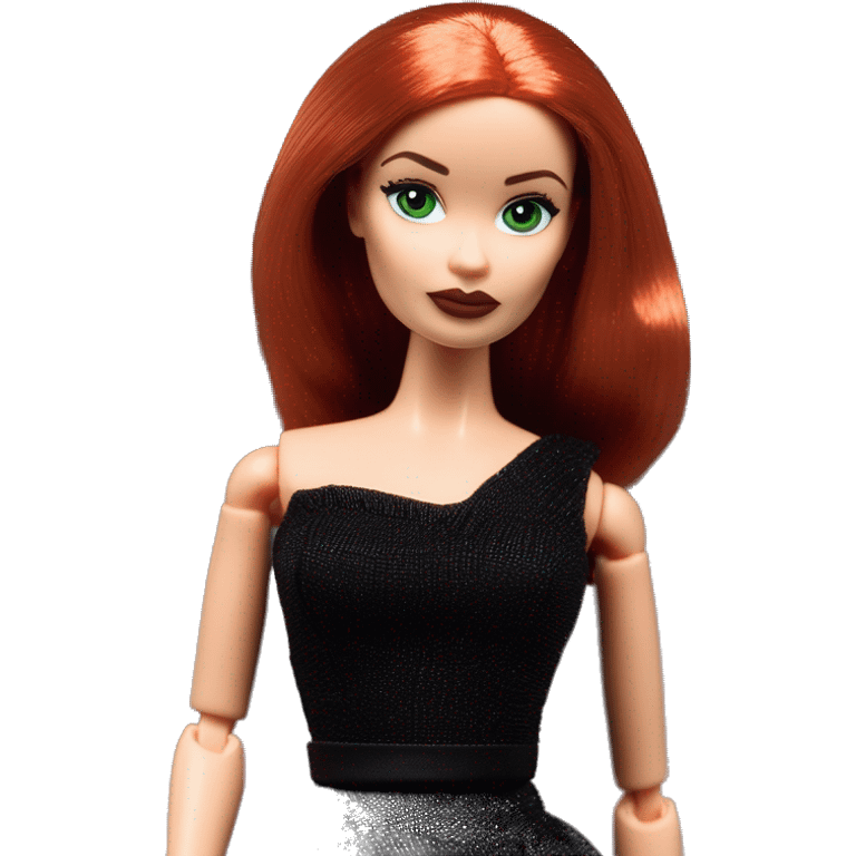  Wednesday Addams Barbie.  Small green eyes with light skin face. Earrings with matching necklaces Longer red hair. black flowing strapless tight evening gown neckline that’s off-the-shoulders shows her legs and black high heel shoes. emoji