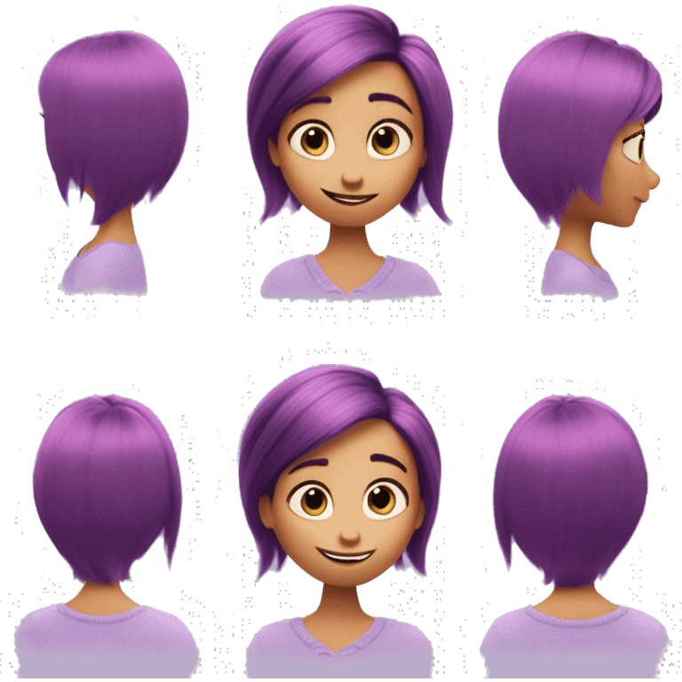 Uma imagem estilo personagem da pixar do filme “Inside Out”. Uma personagem cabelo encaracolado em dois tons pastel: rosa do lado esquerdo e Lilás do lado direito.  emoji