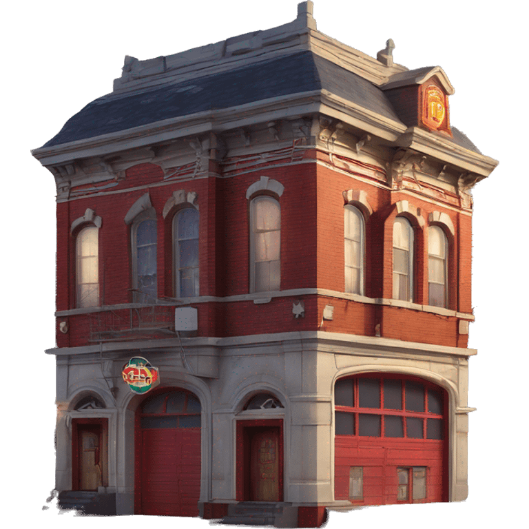 Very old dilapidated Firehouse building shaped like the Ghost Busters Firehouse with solar lights and decorative and detailed interior design  emoji