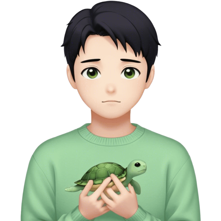 Gorgeous pastel green sweater black hair anime style shojo guy with blushing face and, turtle, aesthetic, trending style outside  emoji