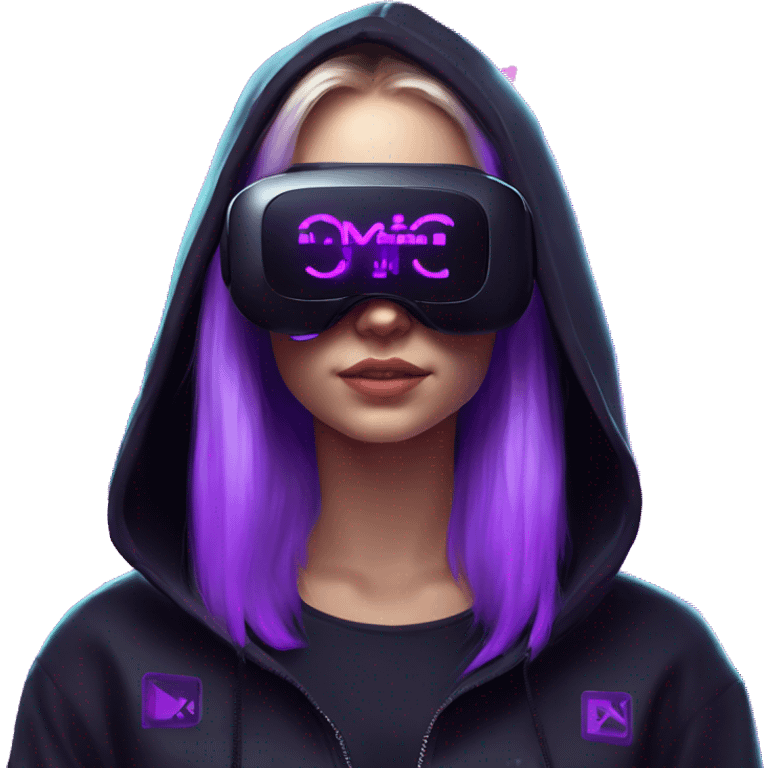 Russian girl wearing black hoody with violet letters "OMG", in vr headset. Cyberpunk style. Violet neon. emoji