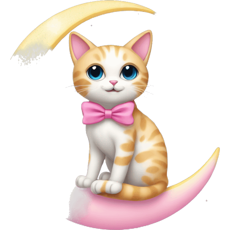 cat sitting on the moon with pink bow emoji