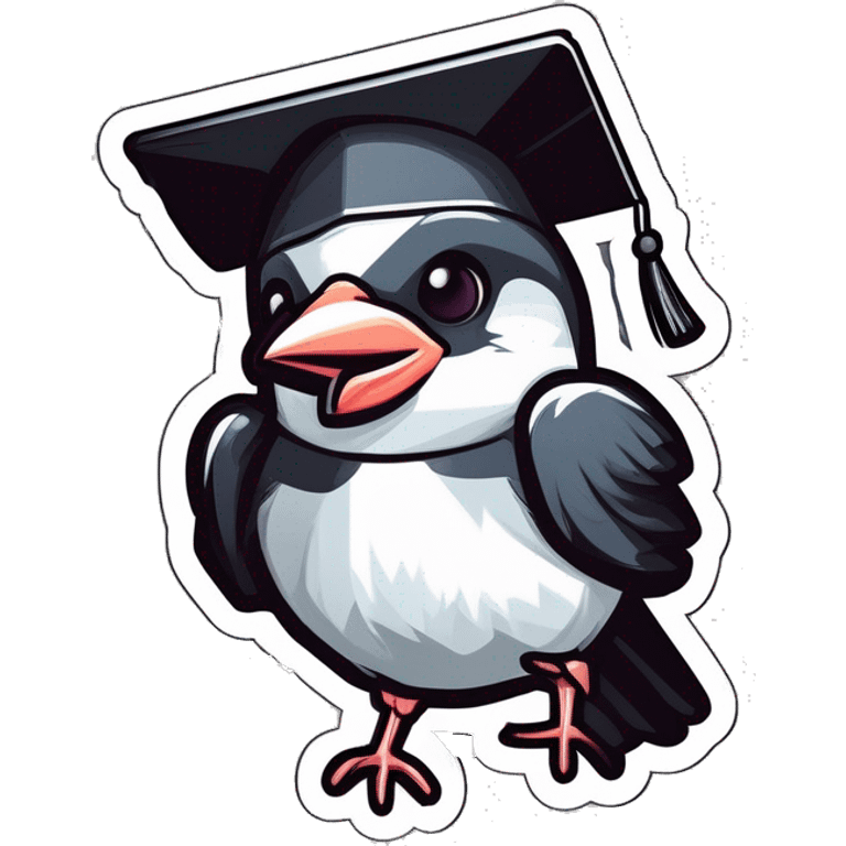 sticker: black and white sparrow with a square academic cap on his head laughs emoji