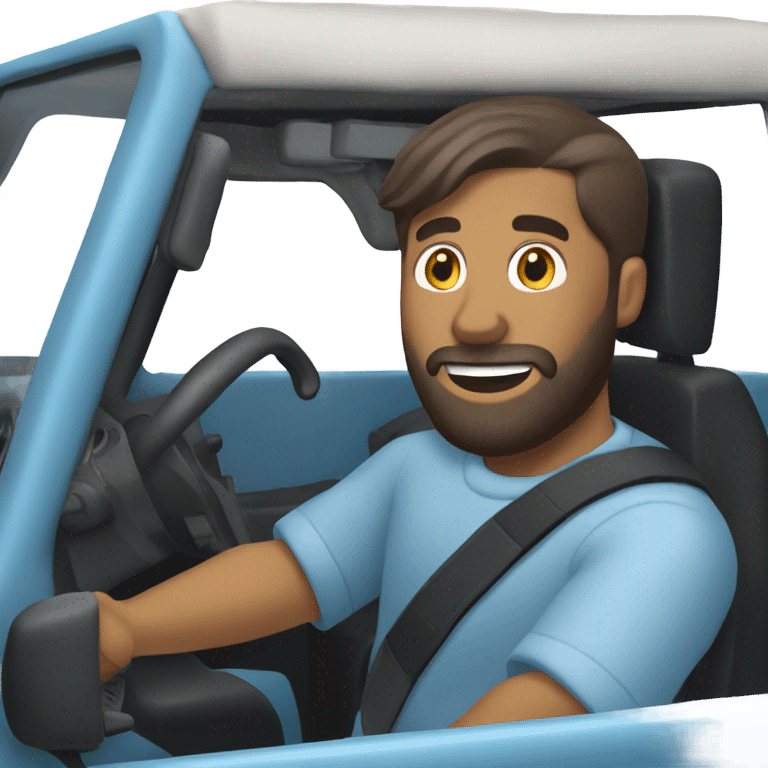 Man with beard driving blue Jeep emoji