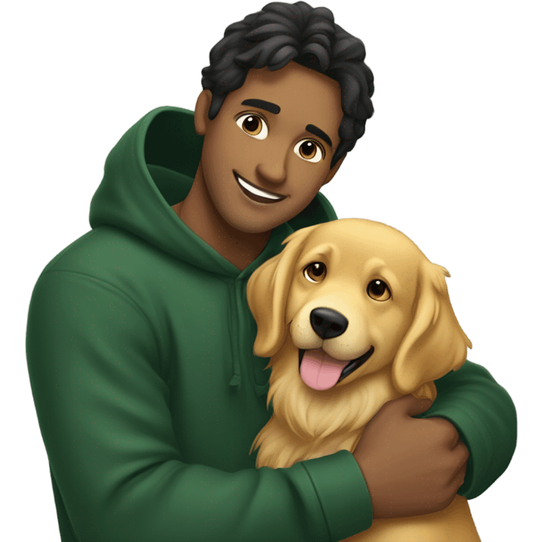 Light skin smiling indian guy with black middle part hairstyle wearing dark green hoodie hugging a golden retriever emoji