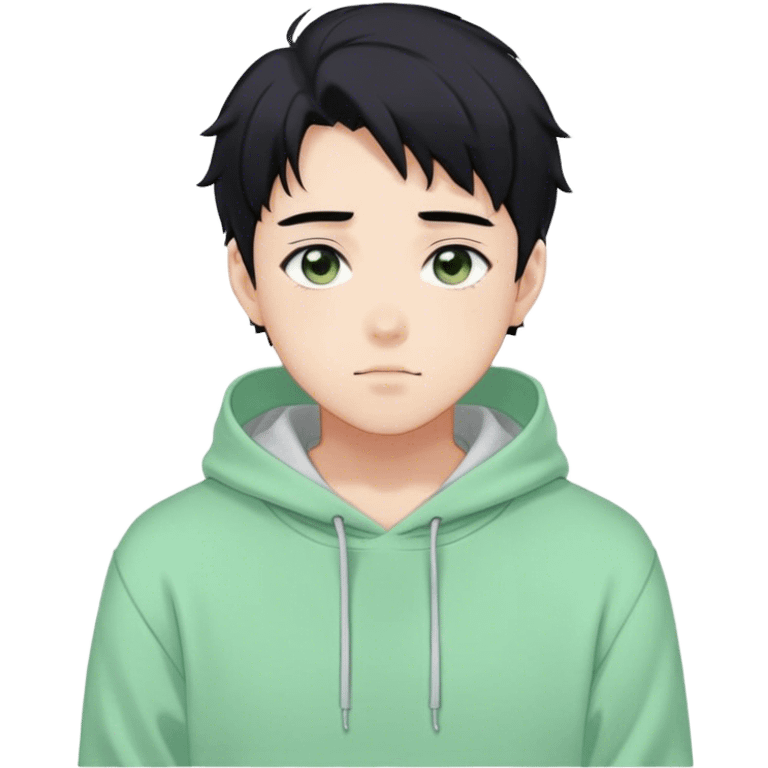 Gorgeous pastel green sweater black hair anime style shojo guy with blushing face and, hoodie, aesthetic, young adult, trending style, outside, vedal987 emoji