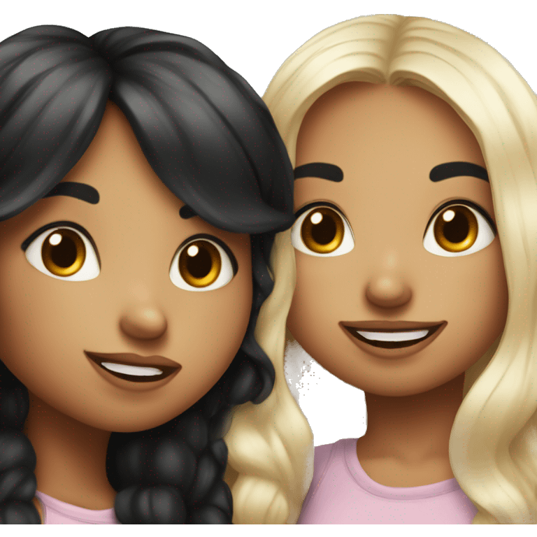 two cute cartoon style girls kissing on the lips, both girls have long black hair. One of the girls has freckles. emoji