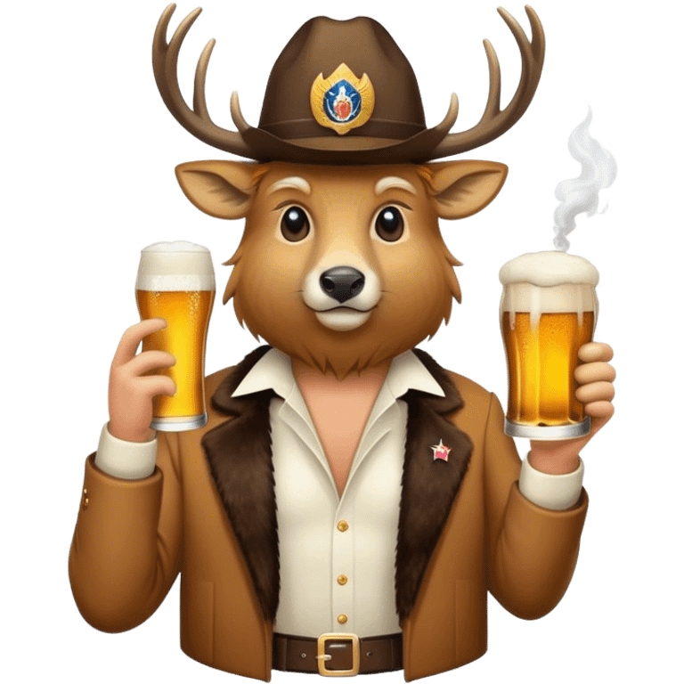 A buck with a beer trump hat and cigarette  emoji