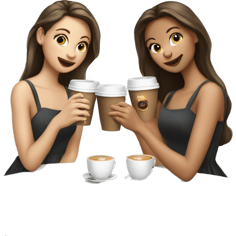 Three beautiful girls in dresses have coffee emoji