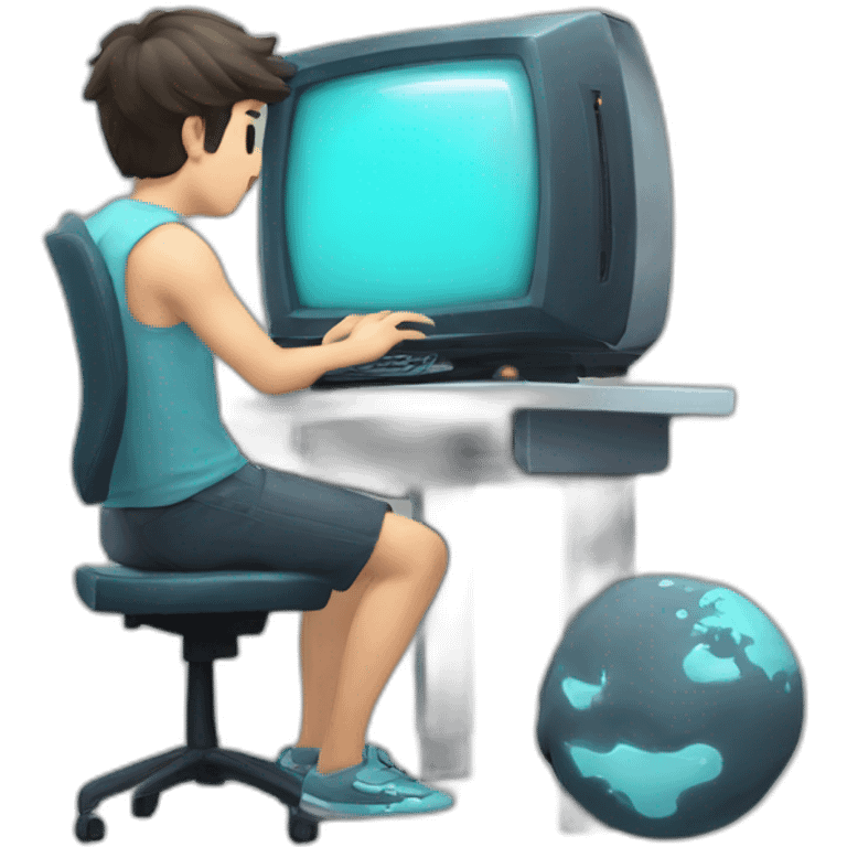 game player playing with his computer, the monitor has the Uranus logo and the inscription Uranus emoji