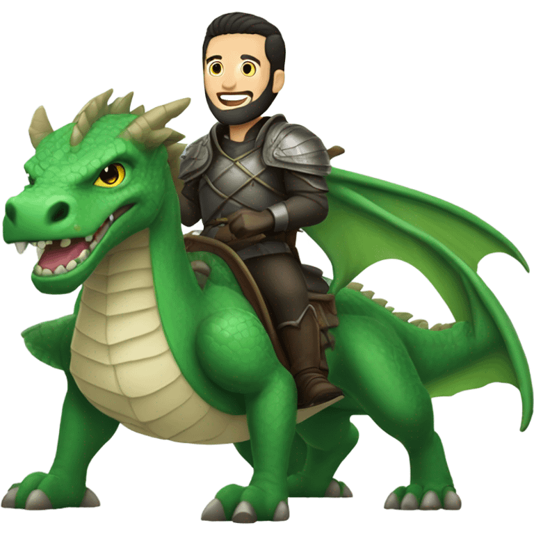 Determined armored White Man with dark brown pompadour hair and a short beard riding on the back of a giant green dragon emoji