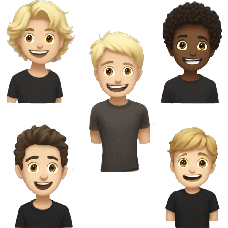 For boys Dimitri with black shirt hair, Debian with blonde hair, Julius with brown short curly hair and a small guy julian with blonde hair laughing  emoji