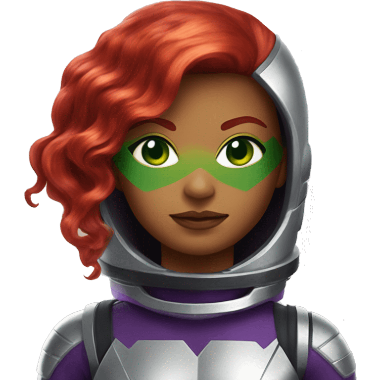 dc comics starfire red hair, green eyes, purple and silver spacesuit emoji