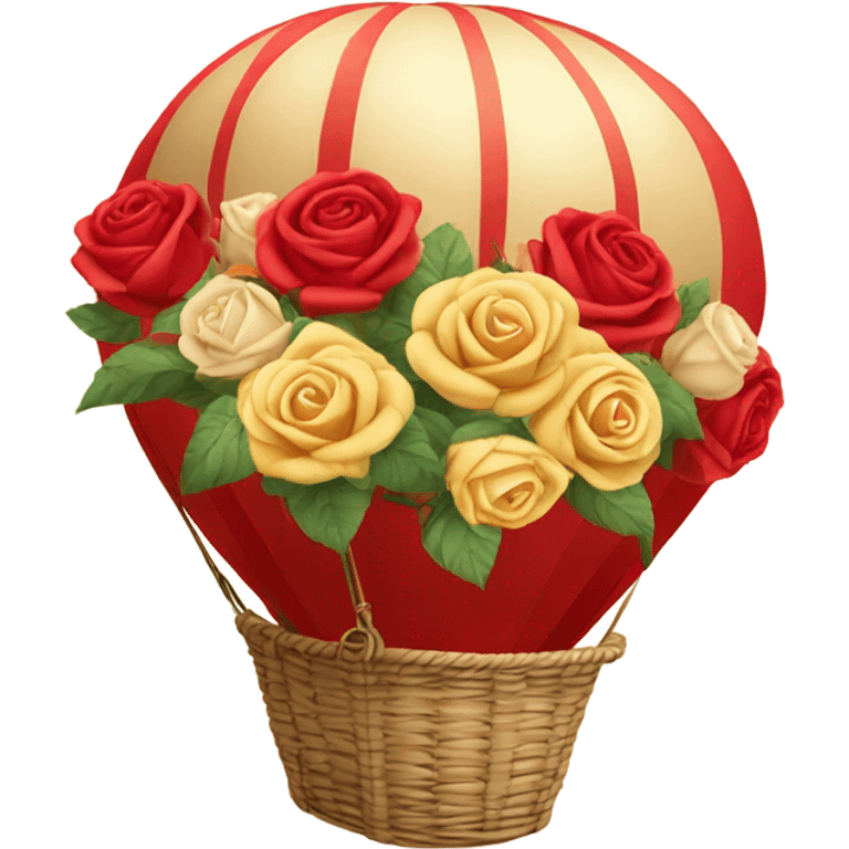 red hot air balloon and beige basket with roses emoji