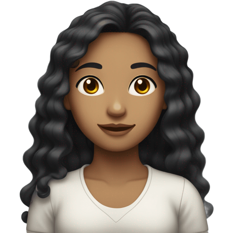 Girl with long wavy black hair, brown eyes and Withe top emoji