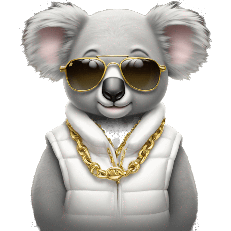 koala wearing a white puffer vest and sun glasses and a gold chain emoji